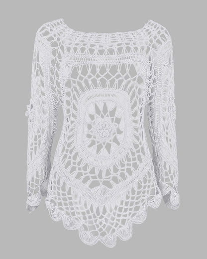 Boat Neck Batwing Sleeve Hollow-out Casual Top Asymmetrical Scallop Hem Crochet Pattern Cover Up