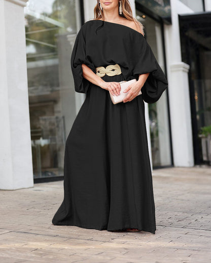 Skew Neck Lantern Sleeve Loose Top & Zipper Fly Wide Leg Pants Set without Belt