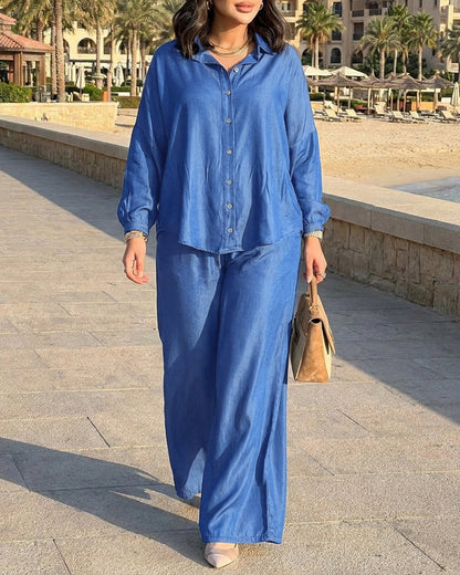 Women's Denim Look 2 Piece Outfits Button Down Shirt and High Waisted Wide Leg Pants Set Casual Commuting Set