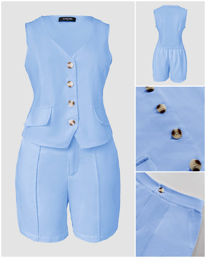 2 Pieces Outfit V Neck Button Front Flap Detail Vest Top and Casual Pockets Design Zipper Fly Elastic Back Waist Shorts Set