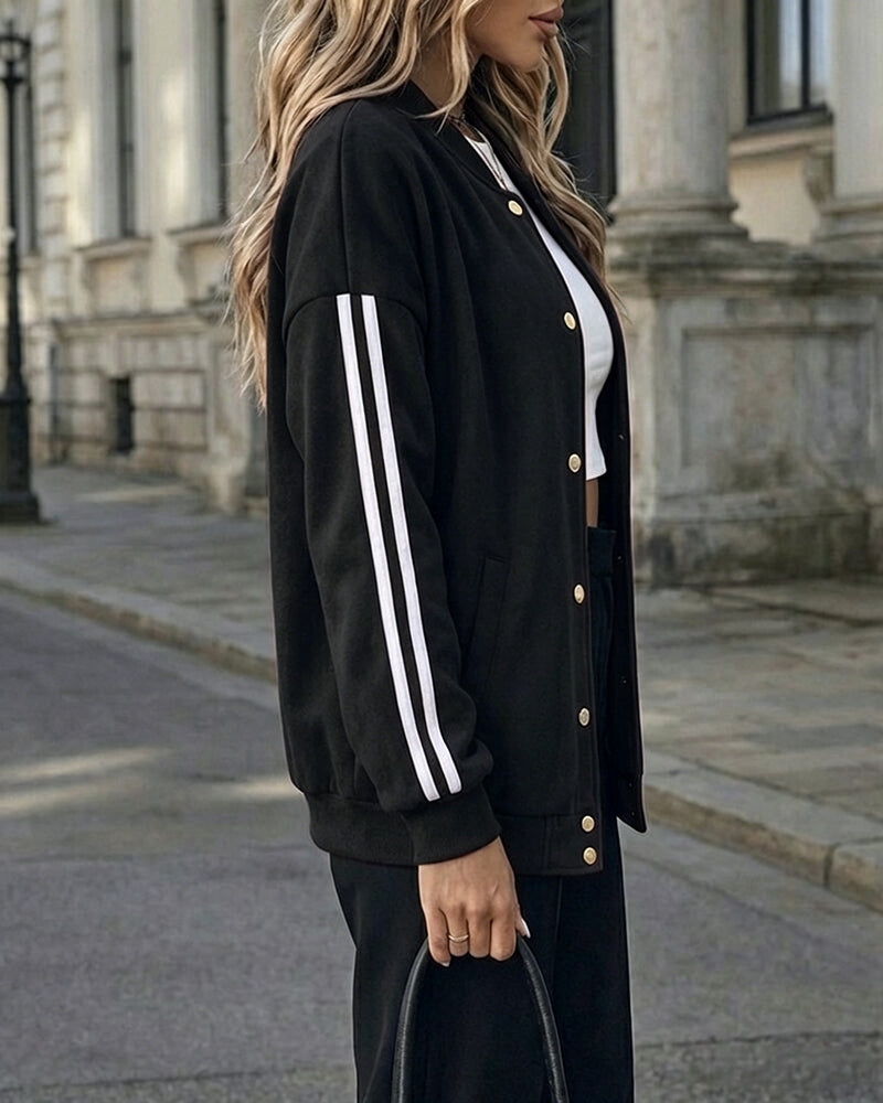 Women's Varsity Jacket Contrast Side Striped Loose Baseball Jacket Button Up Bomber Jacket