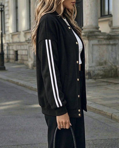 Women's Varsity Jacket Contrast Side Striped Loose Baseball Jacket Button Up Bomber Jacket