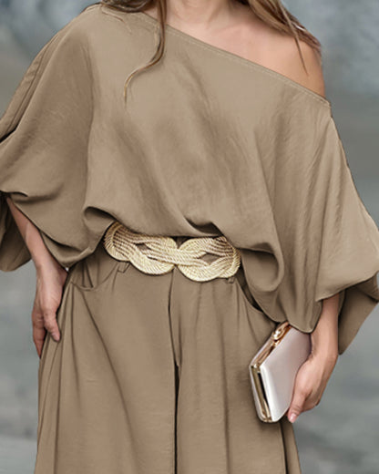 Skew Neck Lantern Sleeve Loose Top & Zipper Fly Wide Leg Pants Set without Belt