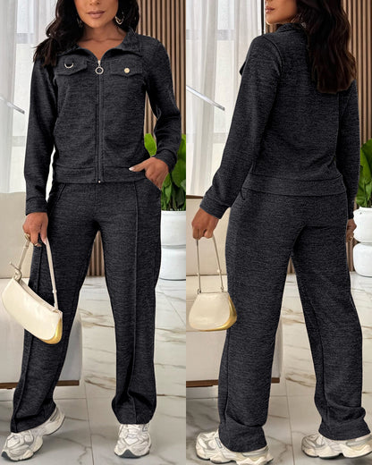CHICMELIVE Women's 2 Piece Tracksuit Lapel Zip Jacket High Waist Pants Set