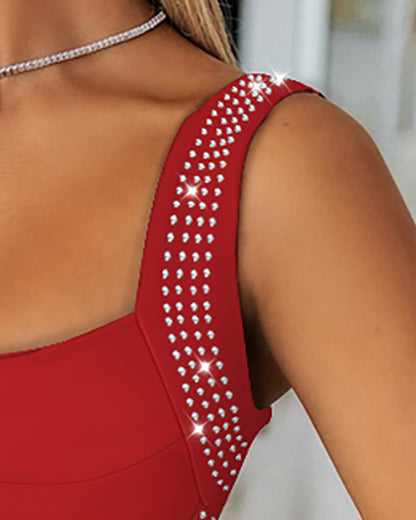 V-Neck Sleeveless Bodycon Dress Rhinestone Clubwear Birthday Party Midi Dress