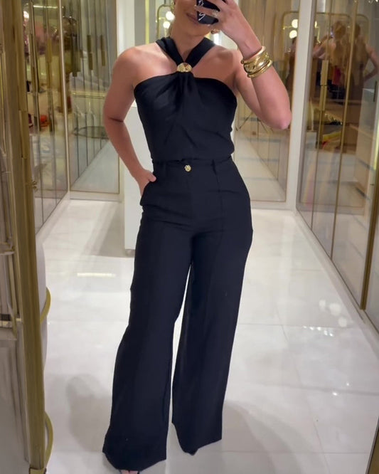 Women's 2 Piece Outfits Halter Neck Ruched Top and Wide Leg Pants Set Elegant Gold Decor Suits