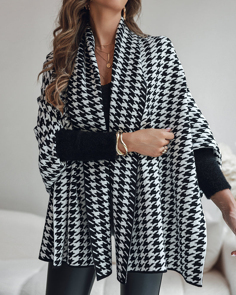 Houndstooth Print Versatile Loose Fit Sweater Coat Casual Warm Cape Shawl
