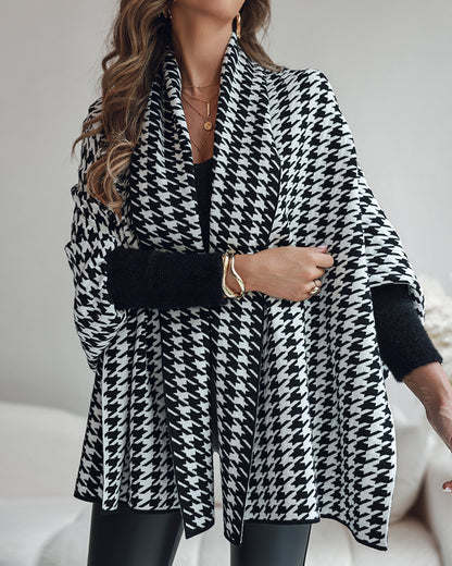 Houndstooth Print Versatile Loose Fit Sweater Coat Casual Warm Cape Shawl