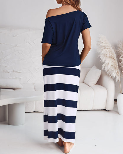 2 Pieces Outfit Anchor Print Skew Neck Top and Casual Striped Drawstring Elastic Waist Skirt Set