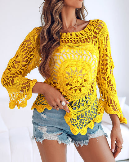 Boat Neck Batwing Sleeve Hollow-out Casual Top Asymmetrical Scallop Hem Crochet Pattern Cover Up