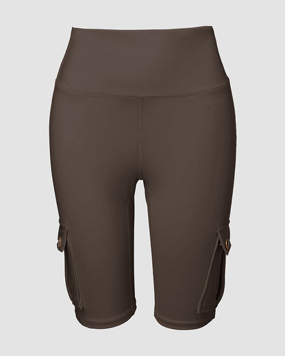Tummy Control Butt Lifting Active Shorts High Waist Flap Pocket Workout Bermuda Cargo Running Shorts
