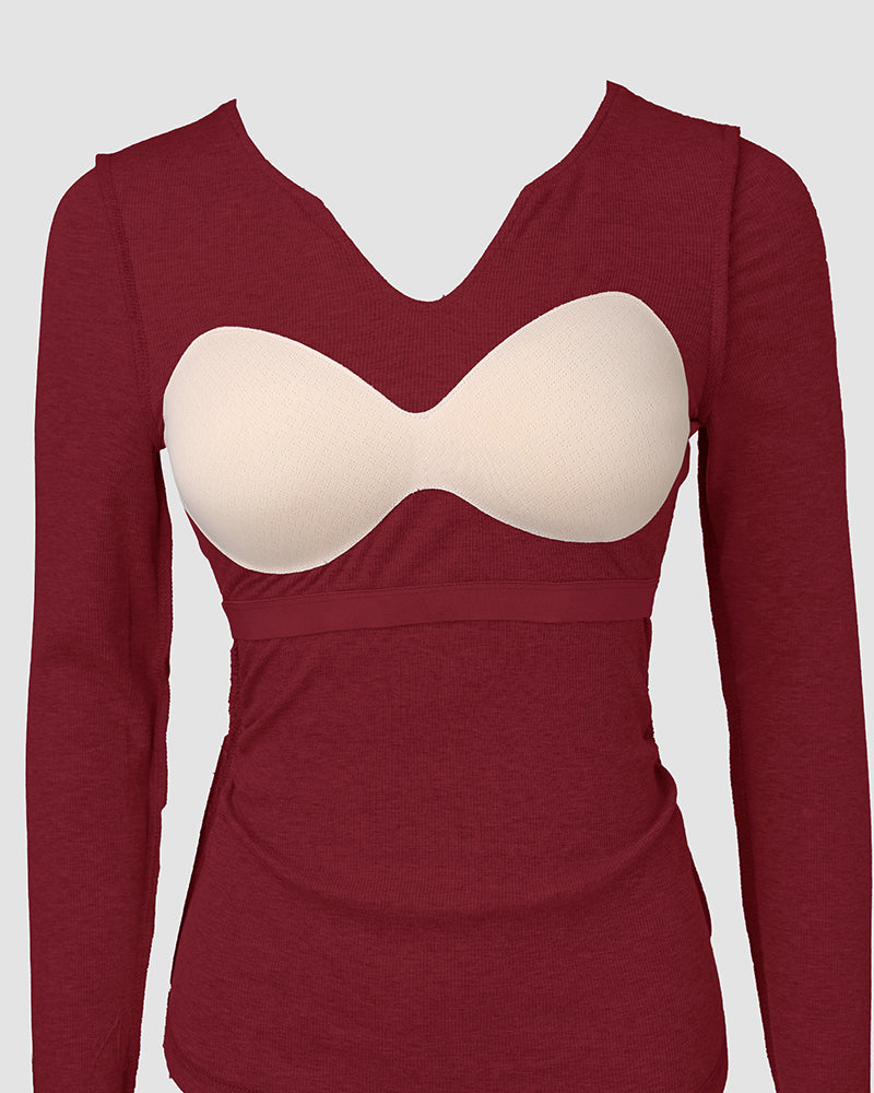 ChicMe Built-in Bra Notch Neck Long Sleeve Shirts Rib-Knit Ruched Waist Top