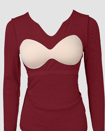 ChicMe Built-in Bra Notch Neck Long Sleeve Shirts Rib-Knit Ruched Waist Top