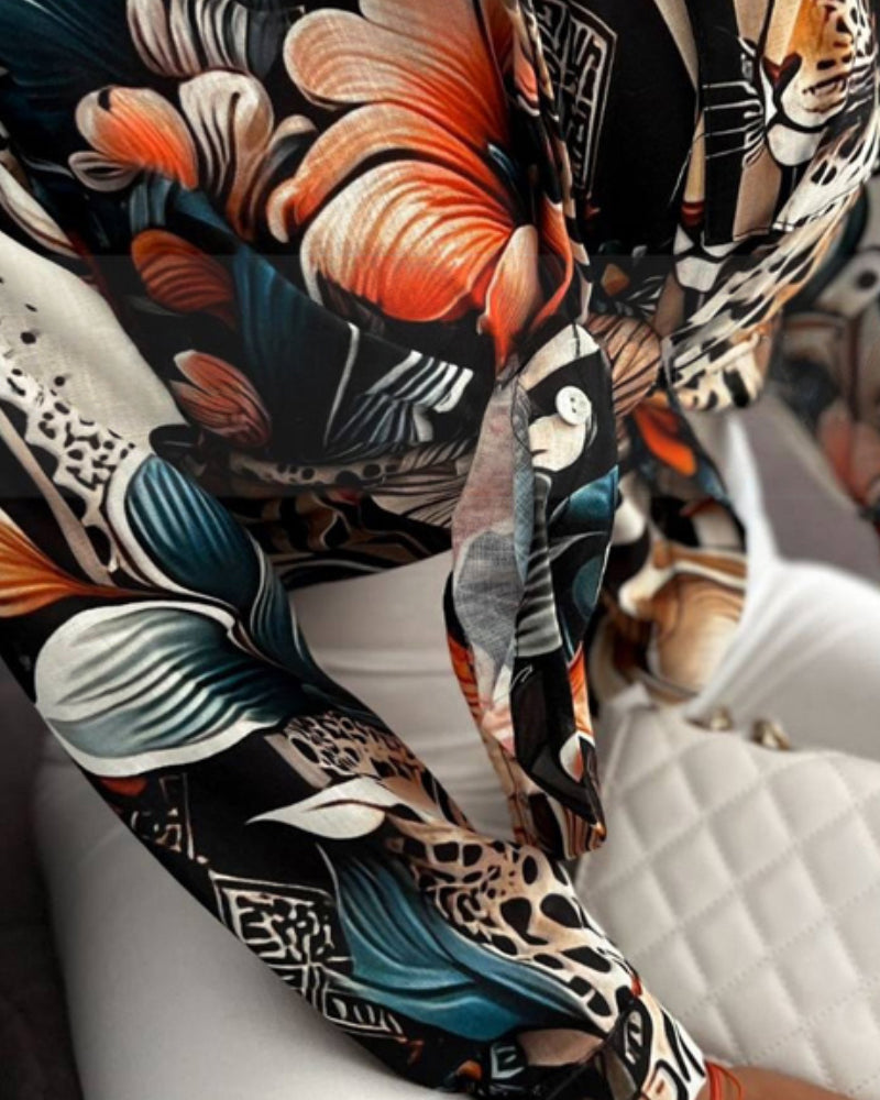 Floral Print Turn-down Collar Shirt Long Sleeve Blouse with Pocket