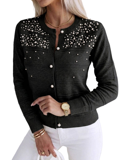 CHICMELIVE Womens Pearl Beaded Knit Cardigan Long Sleeve Cropped Sweater