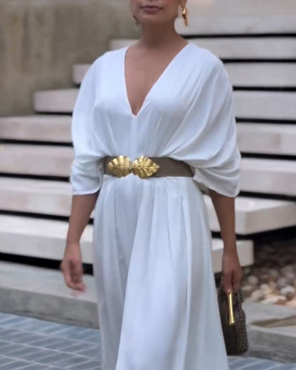 Deep V-Neck Ruched Three Quarters Sleeve Backless Overalls Casual Waist-Gathered Tied Detail Jumpsuit without Belt