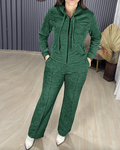 2 Pieces Outfit Long Sleeve Zip Up Drawstring Hoodie Coat and Casual Elastic Waist Seam Front Wide Leg Pants Set