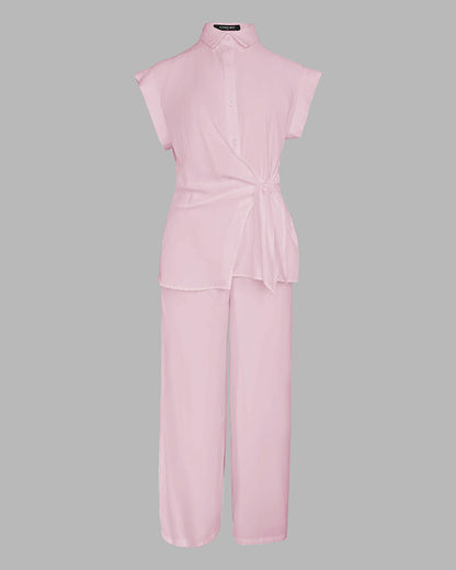 2 Pieces Outfit Turn-down Collar Cap Sleeve Button Front Tied Detail Top and Casual Zipper Fly Elastic Back Waist Wide-Leg Pants Set