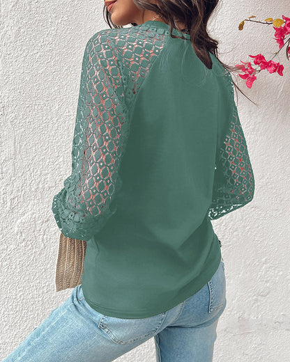 Contrast Lace Round Neck Lantern Sleeve Ruched Blouse Elegant Shirt