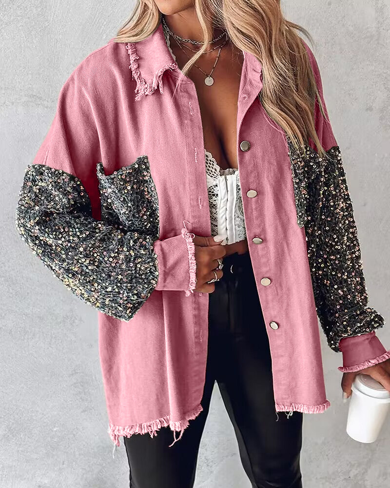 Casual Jacket Sequin Patchwork Long Sleeve Jacket Top Button Front Raw Hem Oversized Denim Shacket