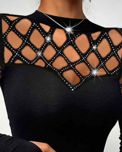 Rhinestone Hollow Out Cold Shoulder Long Sleeve Top Casual Tee