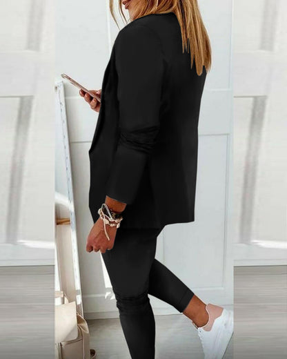 2 Pieces Outfit Shawl Collar Single Breasted Pockets Design Blazer Coat and Drawstring Elastic Waist Slim Fit Pants Set