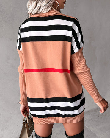 Striped Colorblock High Neck Knit Casual Sweater