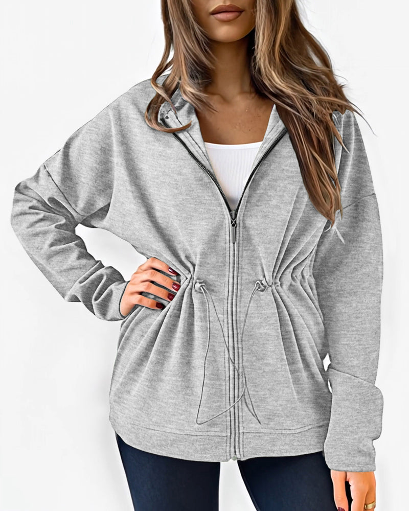 Long Sleeve Waist Drawstring Hooded Coat Casual Loose Fit Cardigan Jacket with Pockets