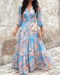 ChicMeLive Women's Watercolor Floral V-Neck Shirred High Waist Maxi Dress Three Quarters Lantern Sleeve A-Line Ruffle Hem Chiffon Vacation Dress