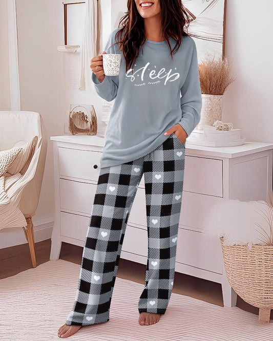 Women's 2 Piece Pajama Set Letter Print Long Sleeve Top and Plaid Heart Wide Leg Pants Casual Lounge Set