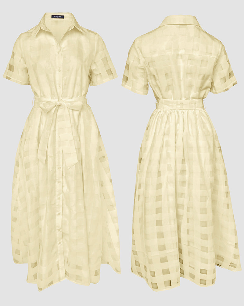 Turn-down Collar Plaid Mesh Double-Layered Cinched Waist Maxi Dress Button Down Bow Tie Waist Commuting Dress