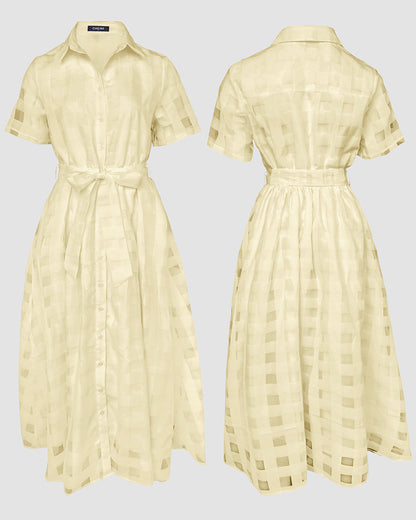 Turn-down Collar Plaid Mesh Double-Layered Cinched Waist Maxi Dress Button Down Bow Tie Waist Commuting Dress
