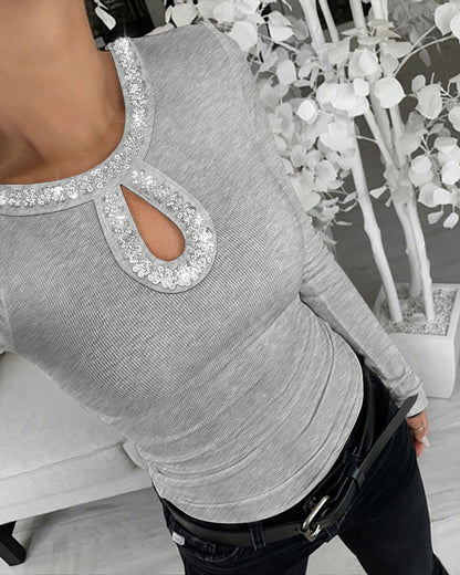 Rhinestone Decor Keyhole Neck Hollow Water Drop Ribbed Top Long Sleeve Slim Fit Layering Top