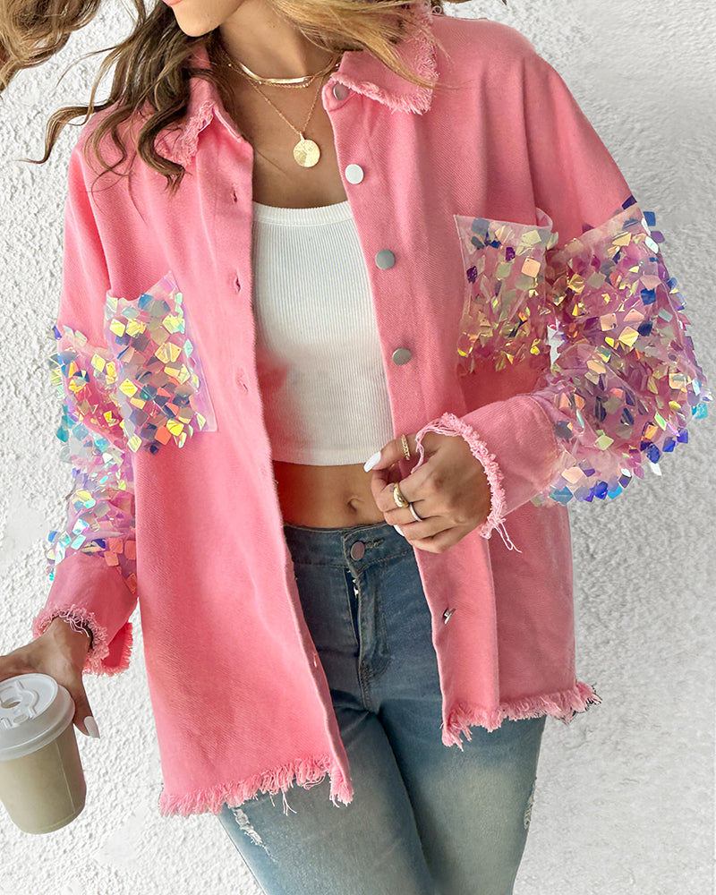 Contrast Sequin Long Sleeve Jacket Top Button Front Raw Hem Loose Fit Shacket