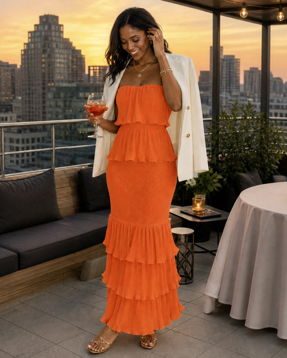 Layered Ruffle Shirred Slim Fit Strapless Dress Textured Maxi Party Dress