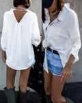 Metal Chain Decor Turn-down Collar Turn-Up Sleeves Front Button Shirt Casual Backless Asymmetrical Hem Top