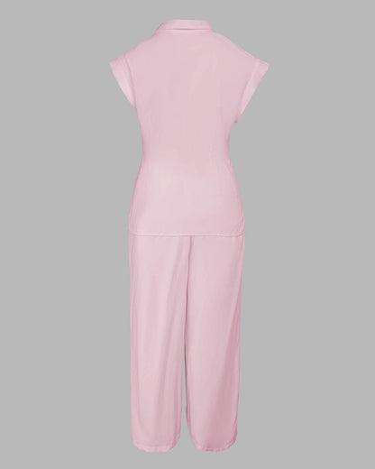 2 Pieces Outfit Turn-down Collar Cap Sleeve Button Front Tied Detail Top and Casual Zipper Fly Elastic Back Waist Wide-Leg Pants Set