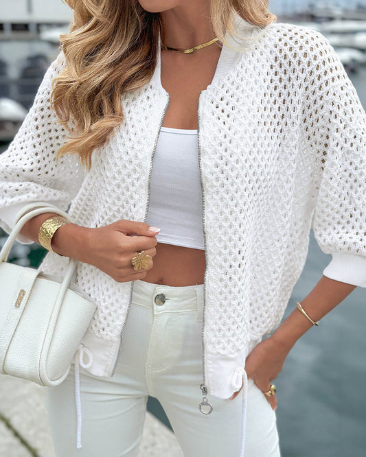 Women's Hollow Out Half Sleeve Knit Coat Baseball Collar Zipper Up Drawstring Hem Crop Jacket