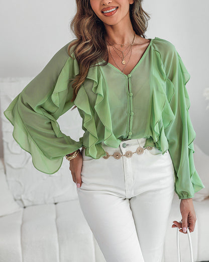 V Neck Shoulder Ruffles Design Blouse Casual Button Front Long Sleeve Top