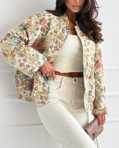 Women's Vintage Floral Jacquard Jacket Elegant Stand Collar Snap Button Loose Fit Coat
