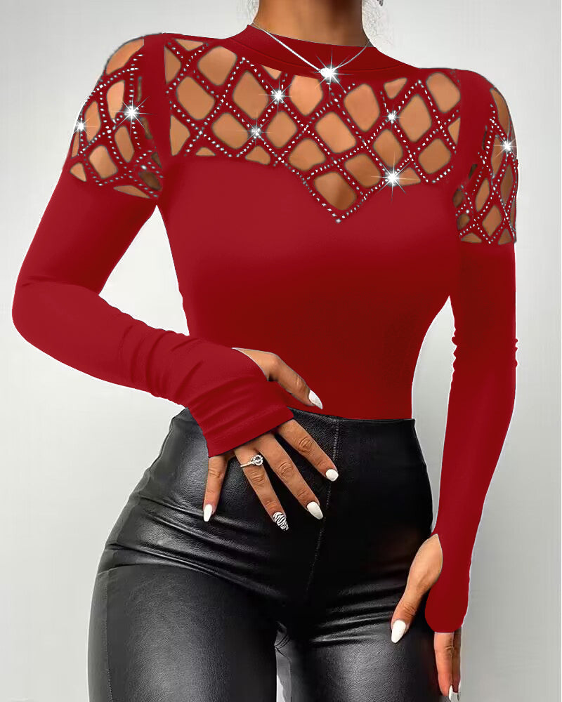 Rhinestone Hollow Out Cold Shoulder Long Sleeve Top Casual Tee