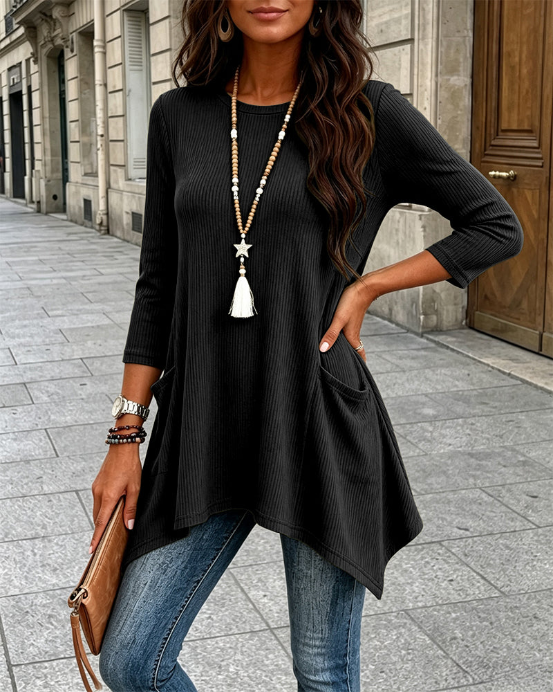 CHICMELIVE Womens 3/4 Sleeve Ribbed Tunic Asymmetrical Hem Loose Top