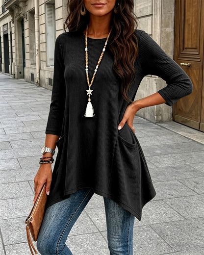 CHICMELIVE Womens 3/4 Sleeve Ribbed Tunic Asymmetrical Hem Loose Top