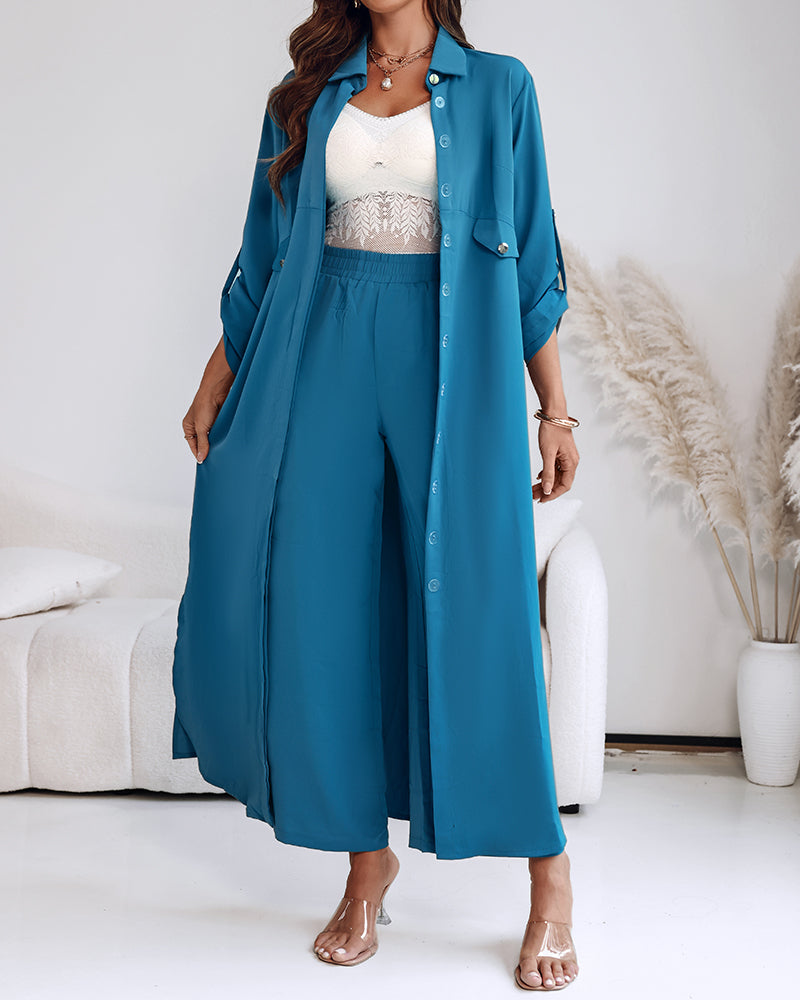 2 Pieces Outfit Turn-down Collar Turn-Up Sleeves Button Front Asymmetrical Hem Longline Blouse and Casual Elastic Waist Wide Leg Pants Set