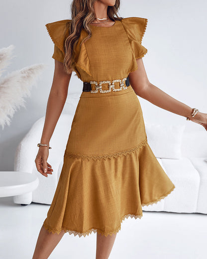 Butterfly Sleeve Hollow-out Back Shirred Dress Casual Cinched Waist Lace Trim Ruffle Hem Commuting Dress