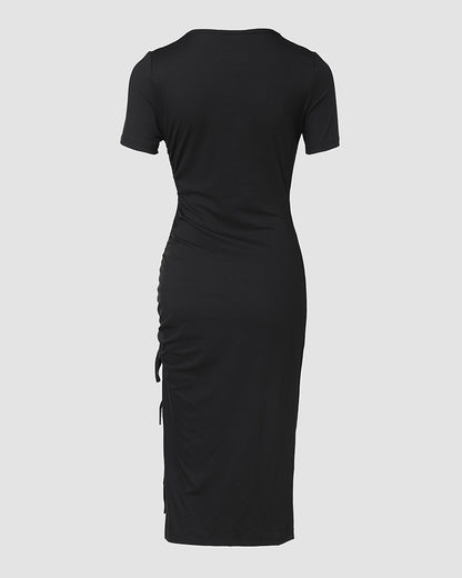 O-neck Short Sleeve Solid Color Cut-Out Ruched Drawstring Bodycon Dress with Side Slit