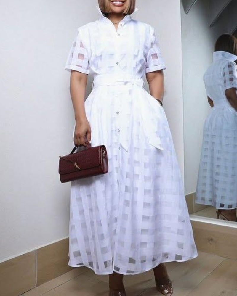 Turn-down Collar Plaid Mesh Double-Layered Cinched Waist Maxi Dress Button Down Bow Tie Waist Commuting Dress