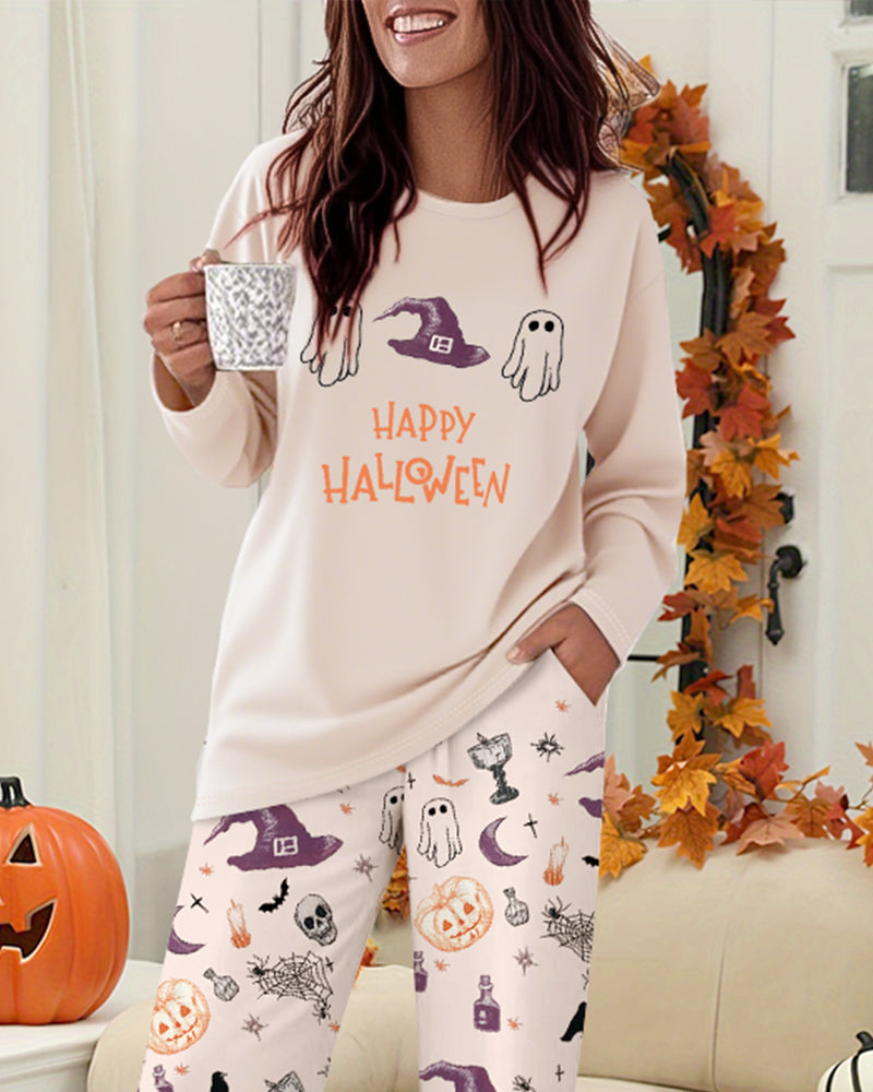 CHICMELIVE 2 Pieces Outfit HAPPY HALLOWEEN Slogan & Graphic Print Long Sleeve Top and Graphic Print Elastic Waist Pants Set Casual Pajamas Set