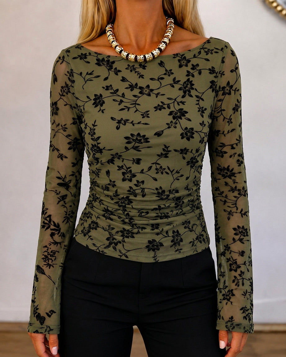 Couture Women's Bell Sleeve Floral Mesh Top