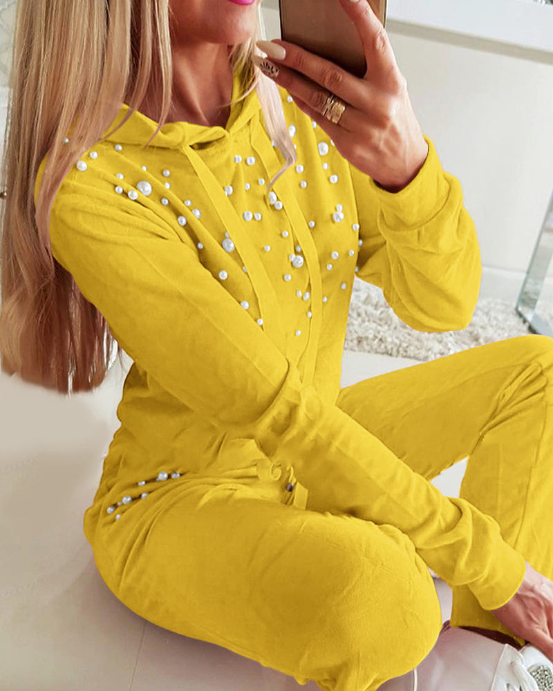 Beaded Hooded Top & Drawstring Pants Set